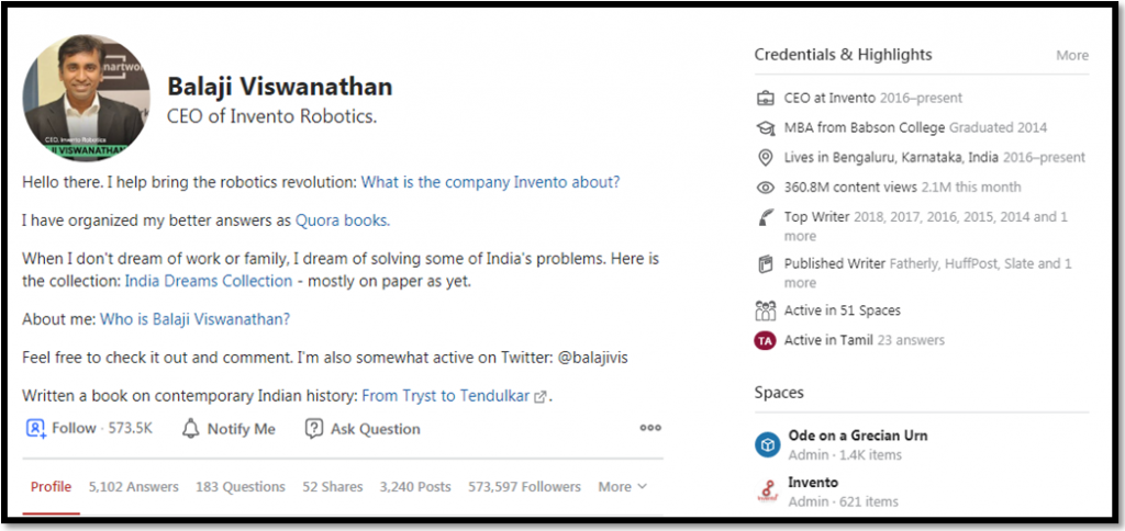 Balaji Vishwanathan Quora Account